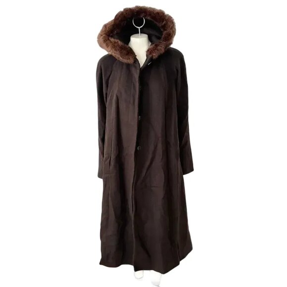 VTG WORTHINGTON 100% Wool Long Swing Coat  Fur Trimmed Hood  Brown  SZ 12 - Picture 2 of 13